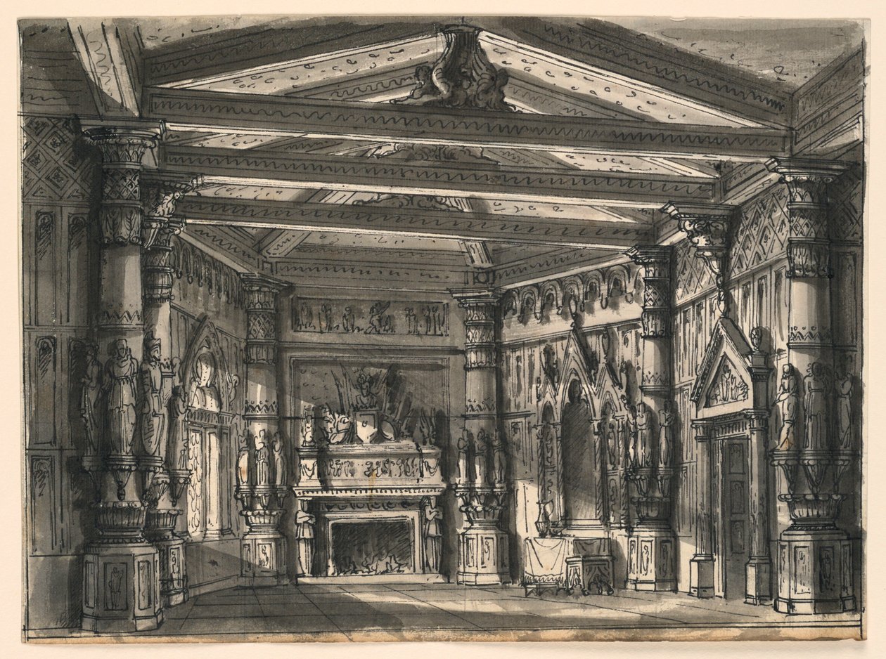 Scenografi, interiör av Gothic Hall av Romolo Achille Liverani