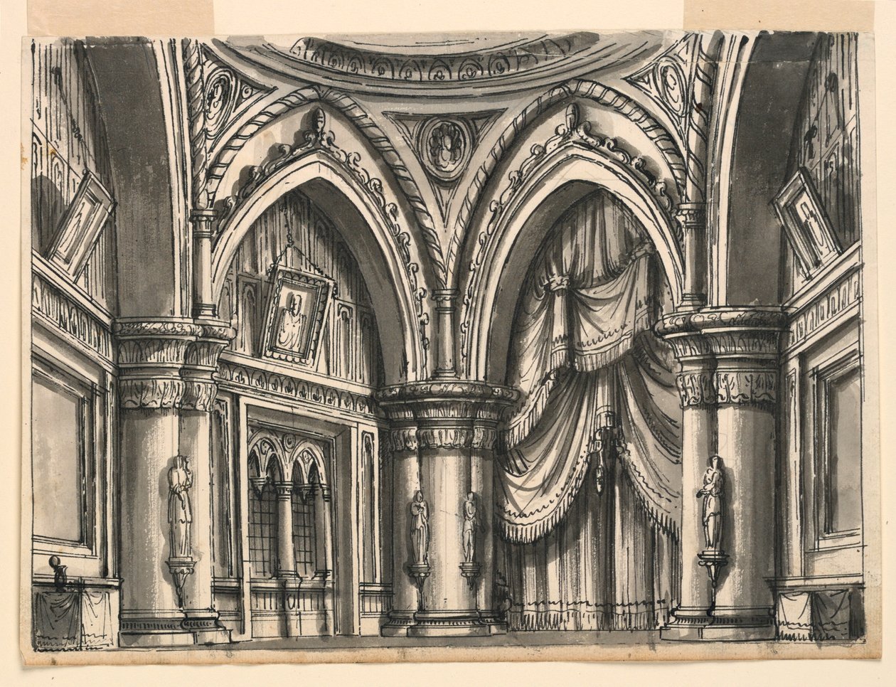 Scendesign, interiör av High Gothic Hall med Ogival Arches av Romolo Achille Liverani