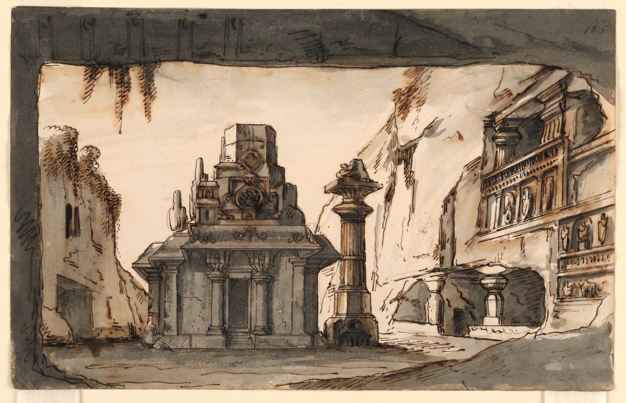Scendesign, orientaliska byggnader bland grottor och klippor av Romolo Achille Liverani