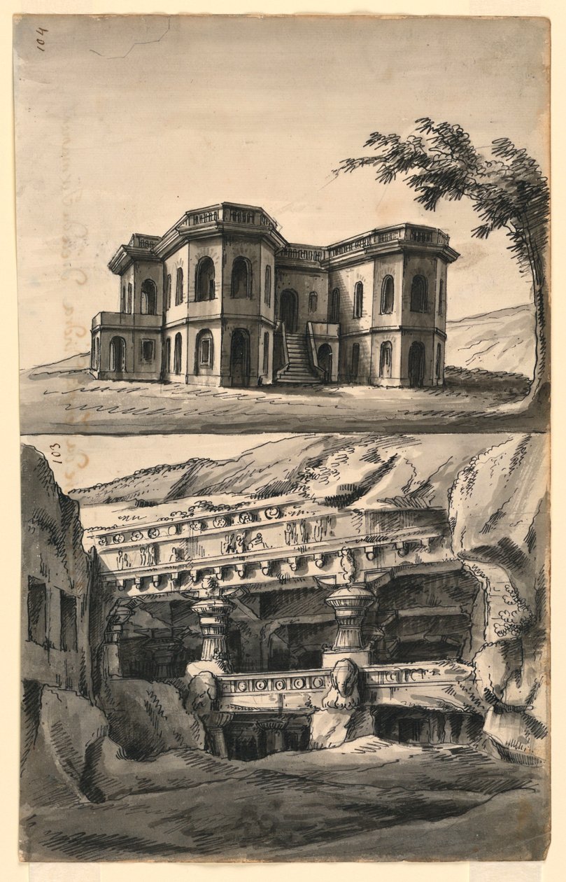 Scendesign, slott i landskapet och tempel och grottor av Romolo Achille Liverani