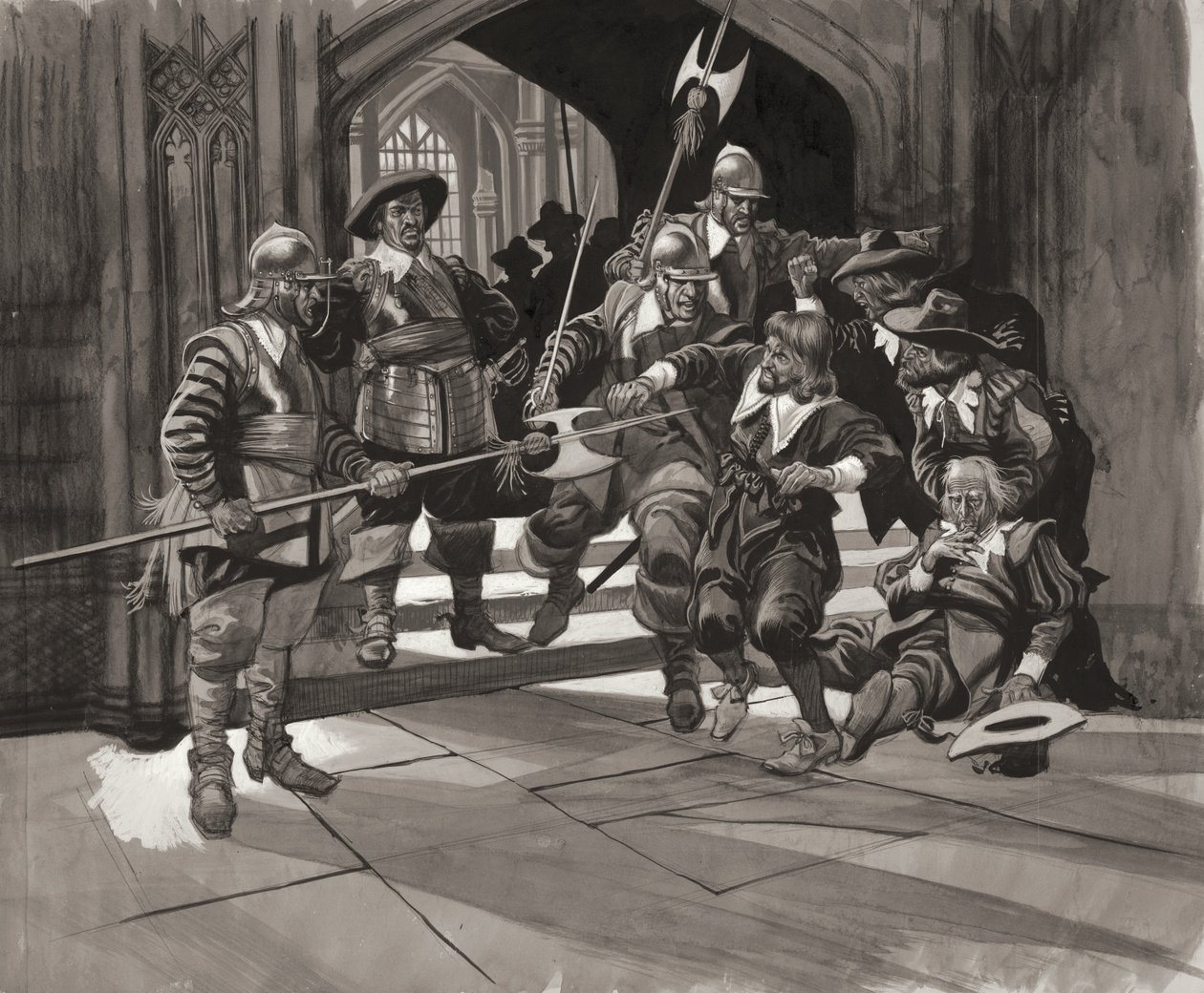 Överste Pride nekar vissa ledamöter av underhuset tillträde (gouache på papper) av Ron Embleton
