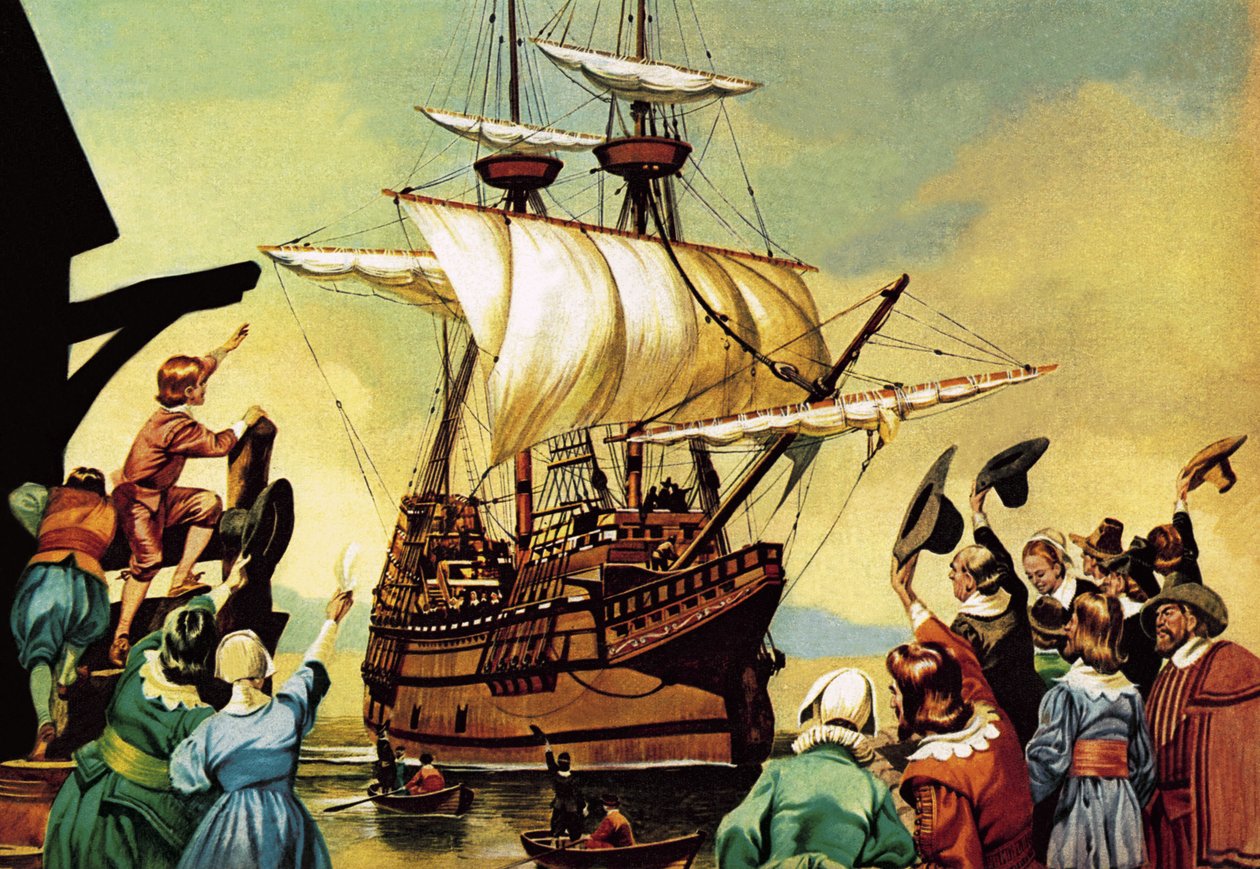 Pilgrimsfädernas avfärd till Amerika (gouache på papper) av Ron Embleton