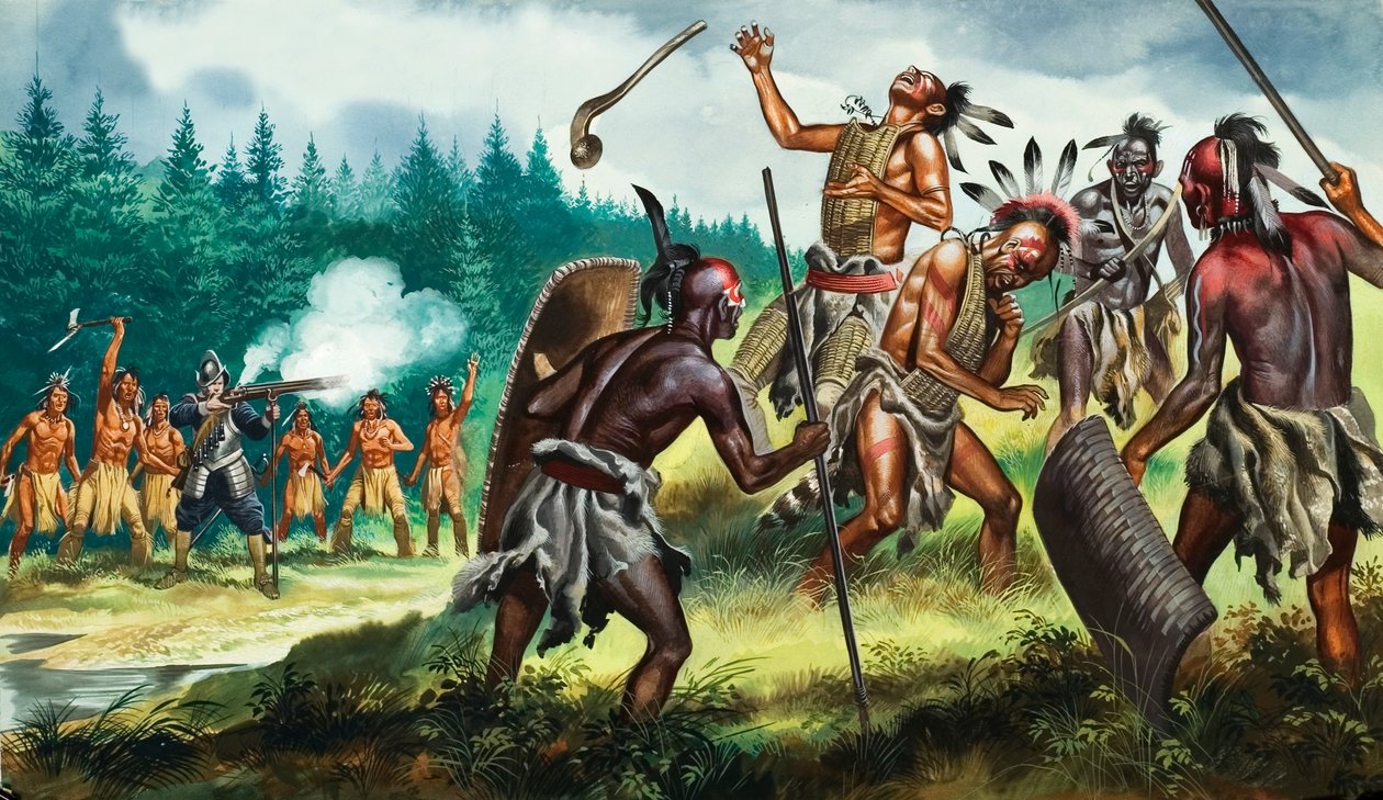 Engelska kolonier i kamp mot Irokesernas konfederation, 1900-talet (gouache på papper) av Ron Embleton