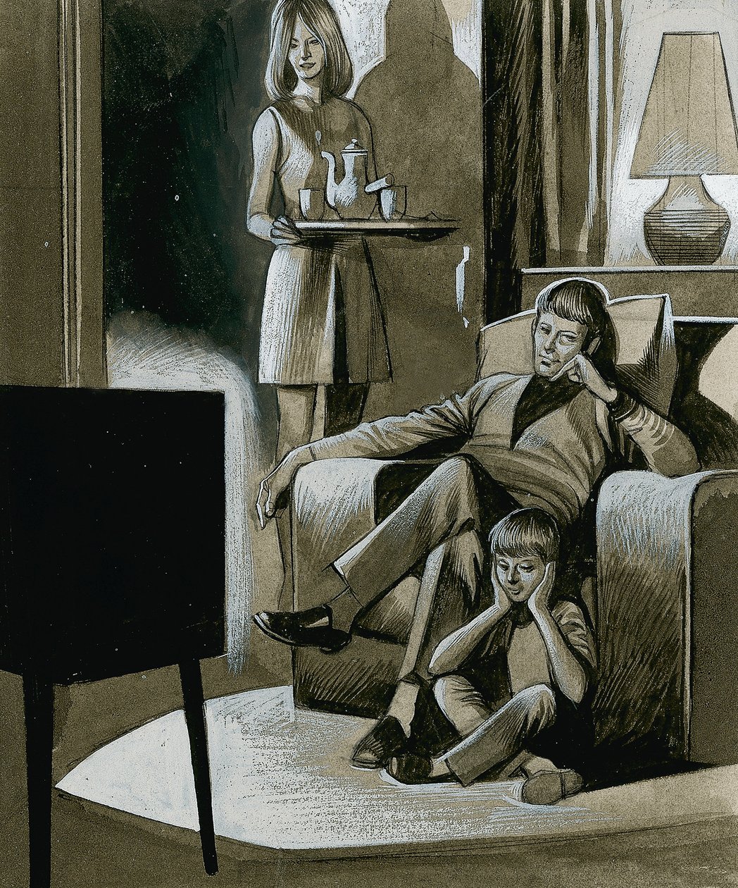 Familj tittar på svartvit tv på 1960-talet av Ron Embleton