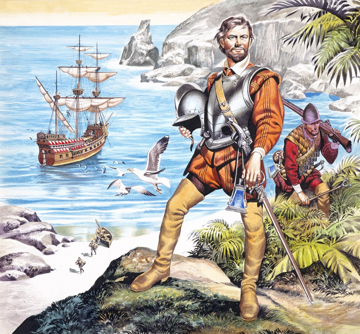 Francis Drake och den gyllene hinden (gouache på papper) av Ron Embleton