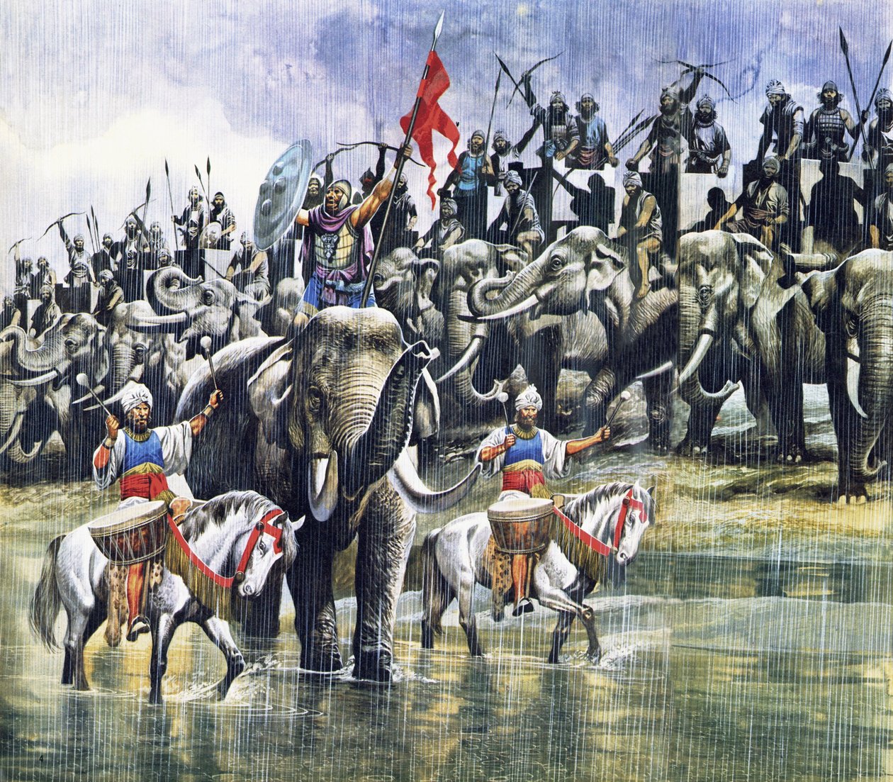 Kung Porus armé möter Alexander den store i ösregn av Ron Embleton