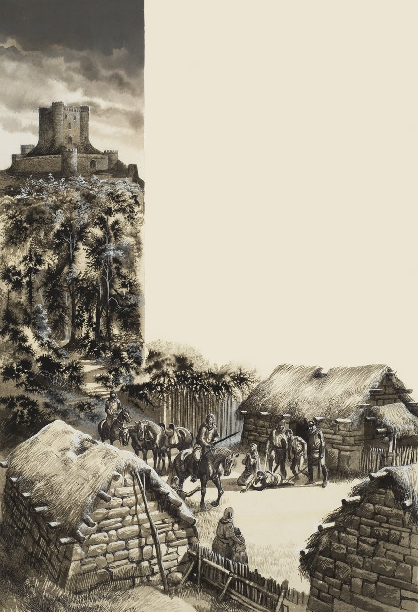 Medeltida by (gouache på papper) av Ron Embleton