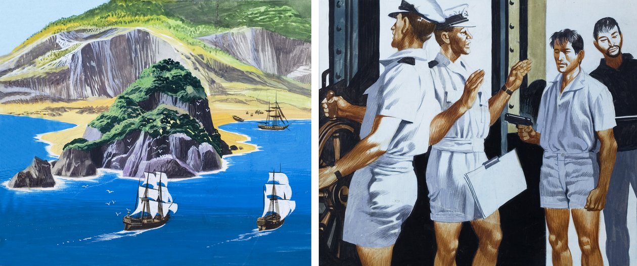 Men of the Jolly Roger: Piratflaggorna kommer ner (gouache på papper) av Ron Embleton