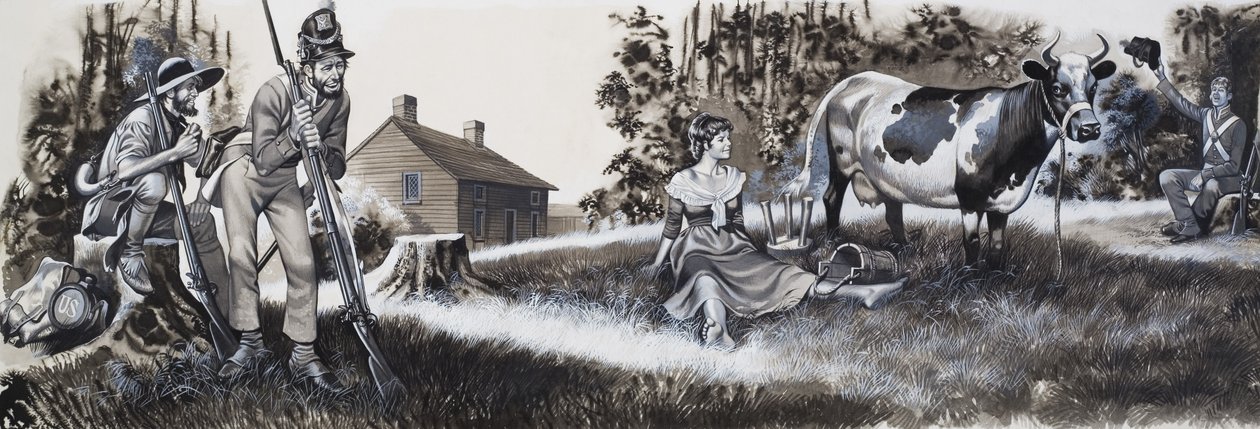 Mjölkflicka med soldater (gouache på papper) av Ron Embleton