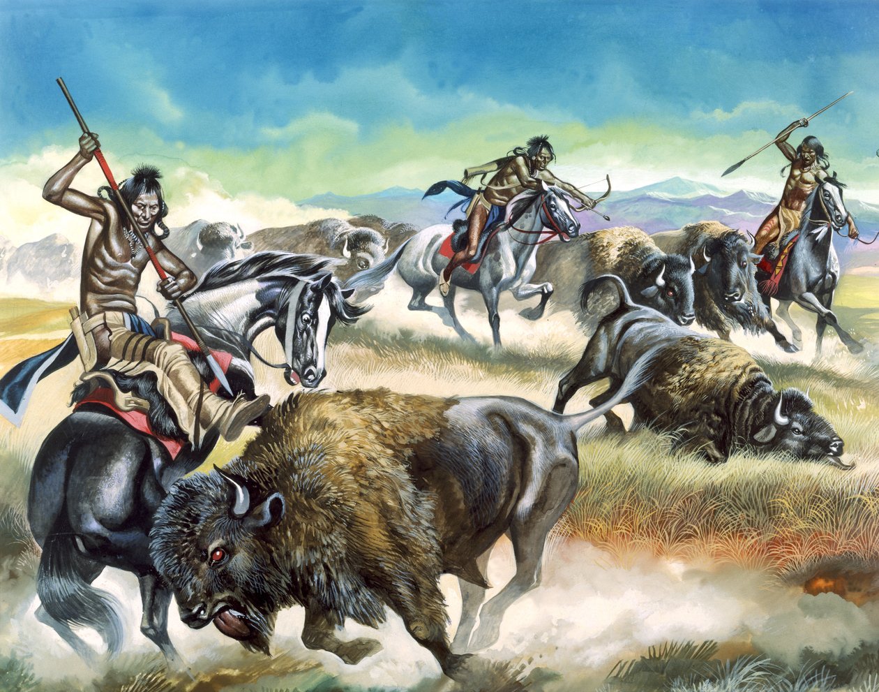 Indianer dödar amerikansk bison (gouache på papper) av Ron Embleton