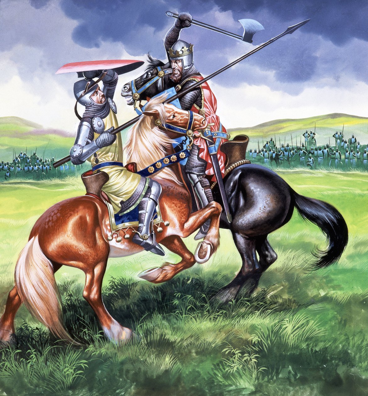 Robert the Bruce, kung av Skottland, på väg att döda Sir Henry de Bohum (gouache på papper) av Ron Embleton