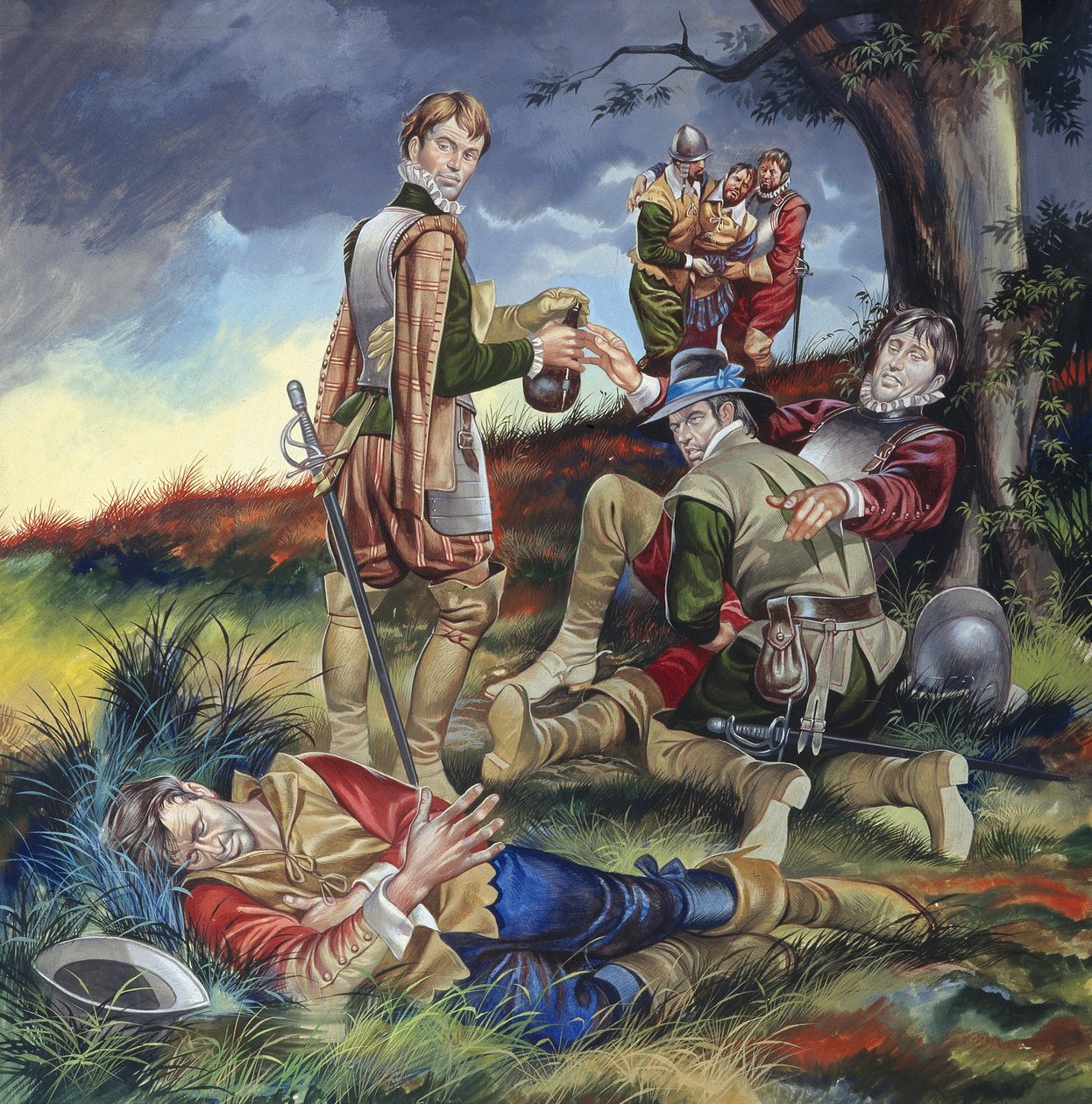 Sir Philip Sidney (1554-86) vid slaget vid Zutphen (gouache på papper) av Ron Embleton
