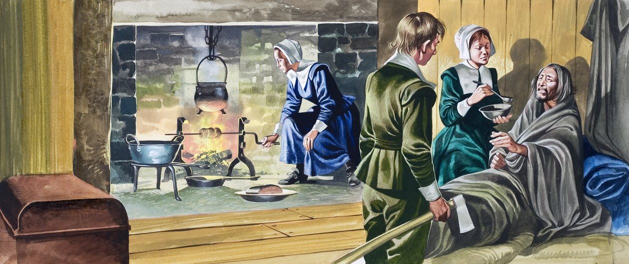 Pilgrimsfäderna i halvbyggda hus av Ron Embleton