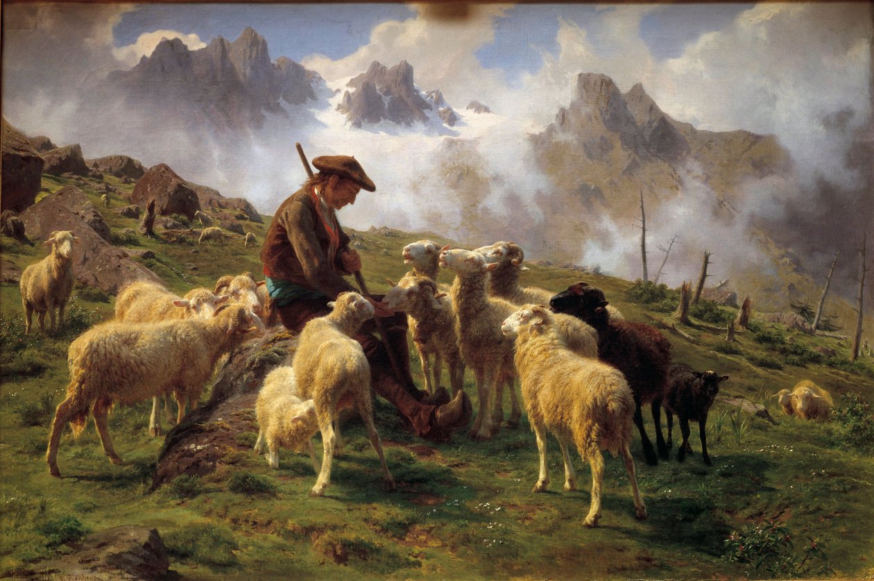 En alpin herde som ger salt till sina får Målning av Rosa Bonheur (1822-1899) 1864 Sön. 0,68x1 m Chantilly, Musee Conde av Rosa Bonheur