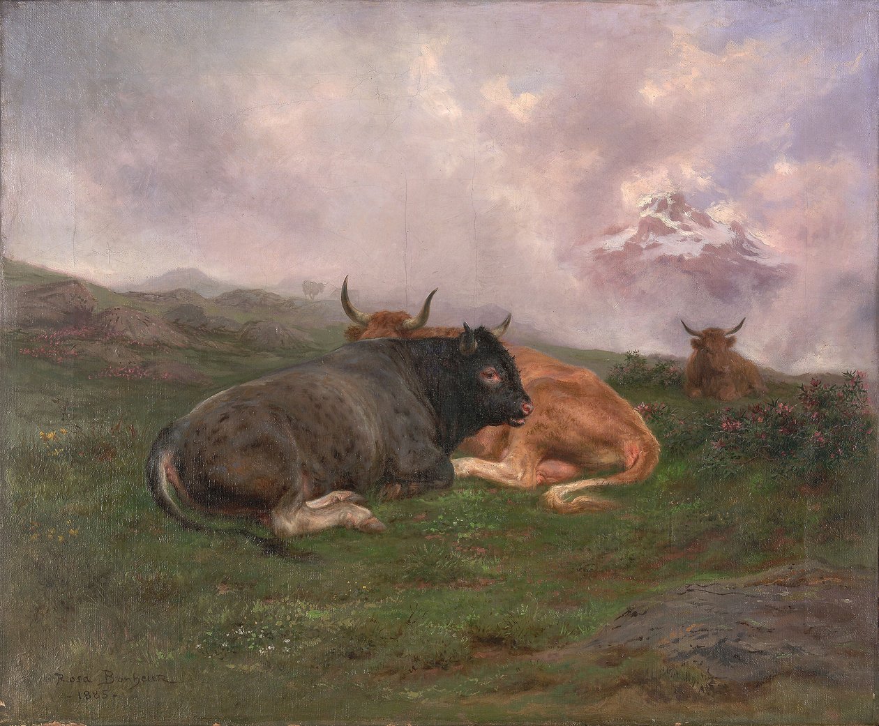 Vilande boskap på en sluttning i Alperna, 1885 av Rosa Bonheur