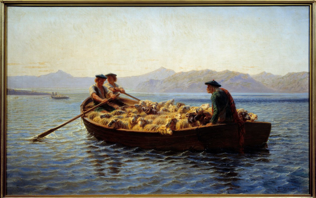 Byte av bete. Herdar gick ombord på fårhjorden för att ta dem till den andra stranden. Målning av Rosa Bonheur (1822-1899) av Rosa Bonheur