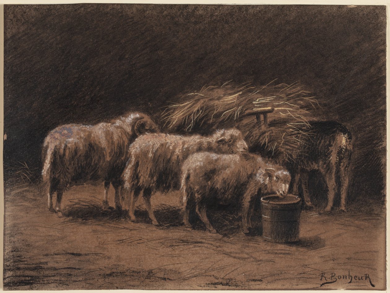 Ett par får och en bagge i ett stall av Rosa Bonheur
