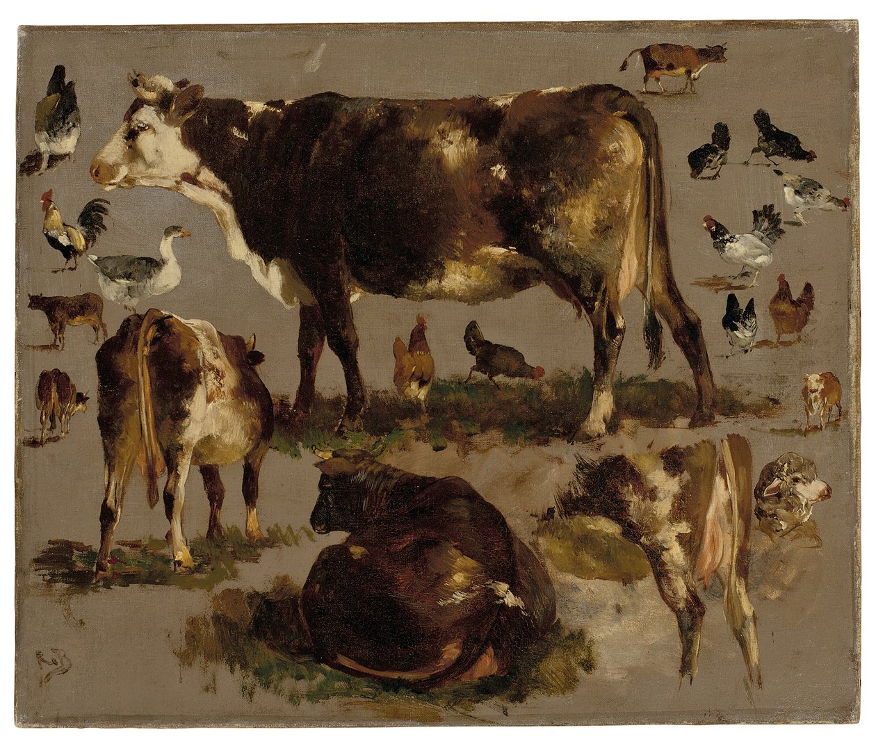 Studier av kor, höns, tuppar, en gås och ett får (olja på duk) av Rosa Bonheur