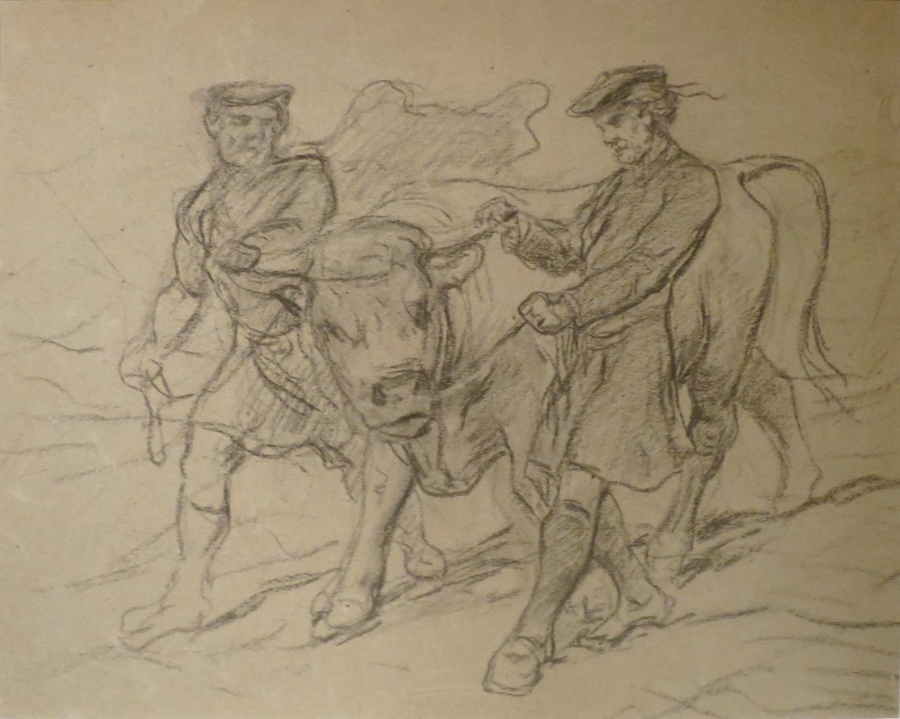 Två män med tjur av Rosa Bonheur, svart krita, Columbus Museum of Art av Rosa Bonheur