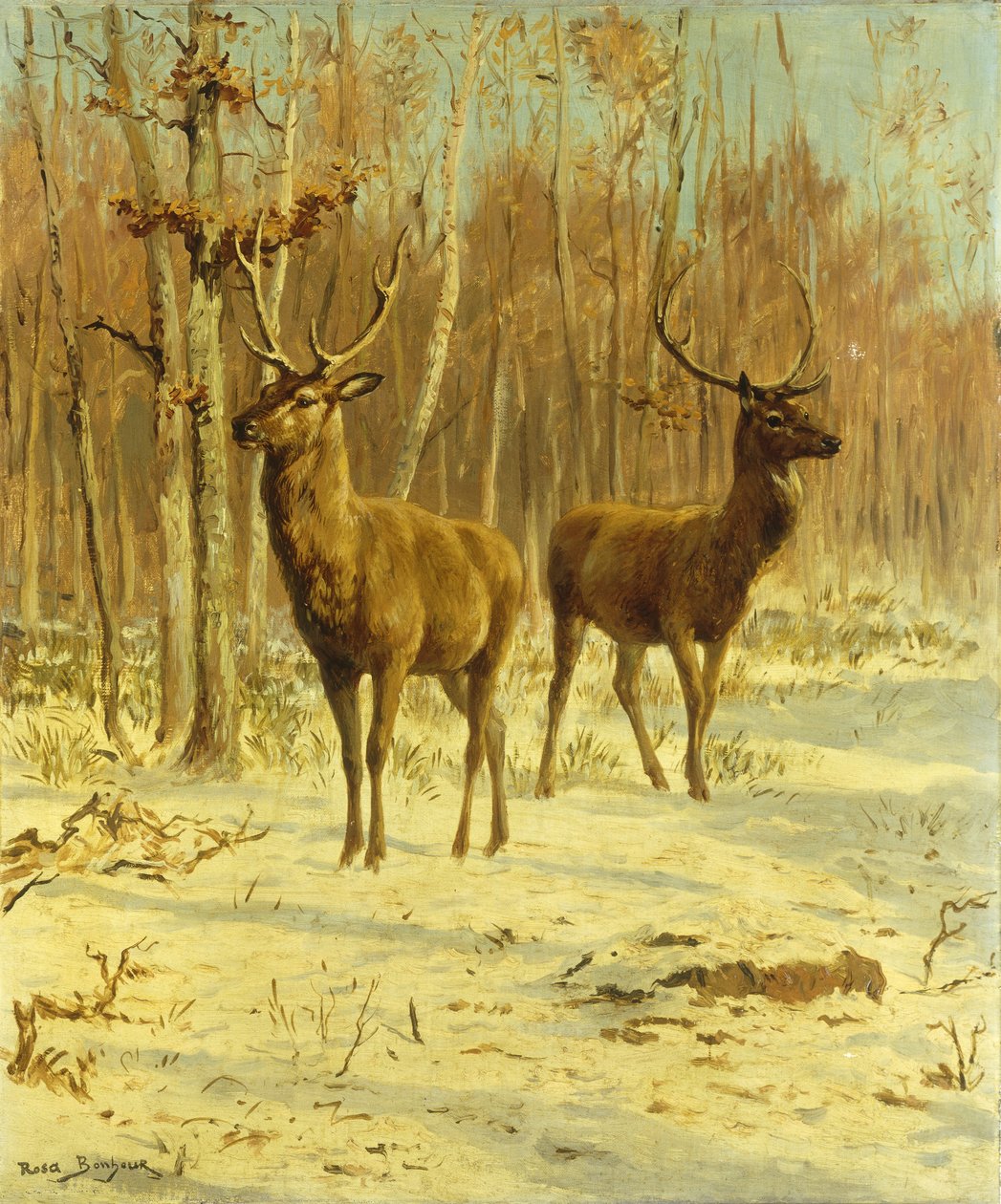 Två hjortar i en glänta på vintern av Rosa Bonheur