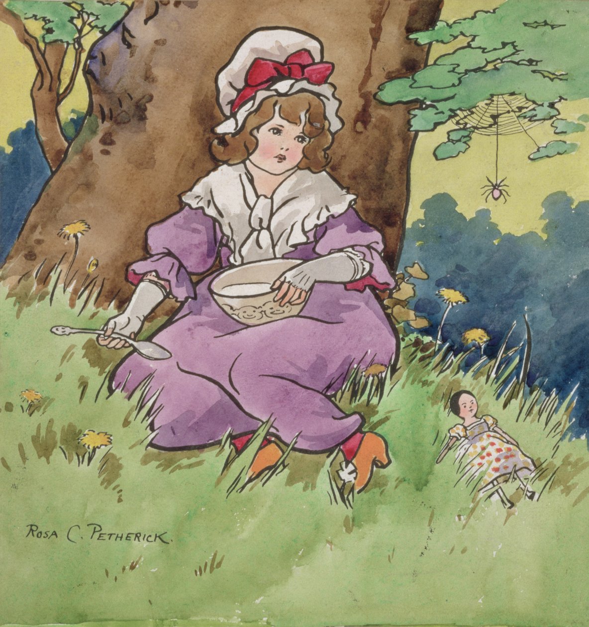 Little Miss Muffet (akvarell över blyerts på ritbräda) av Rosa Petherick