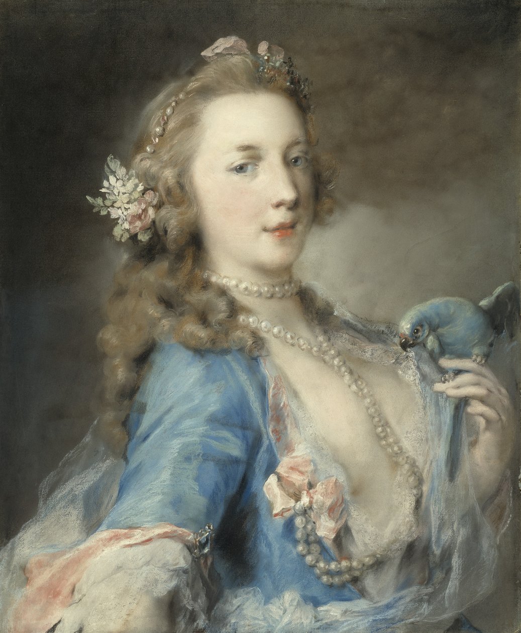 En ung dam med en papegoja, ca 1730 av Rosalba Giovanna Carriera