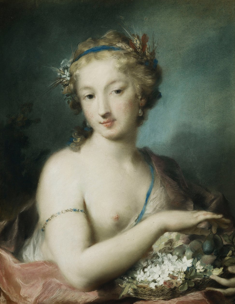 Flora, halvlängd, hålla plommon, av Rosalba Giovanna Carriera
