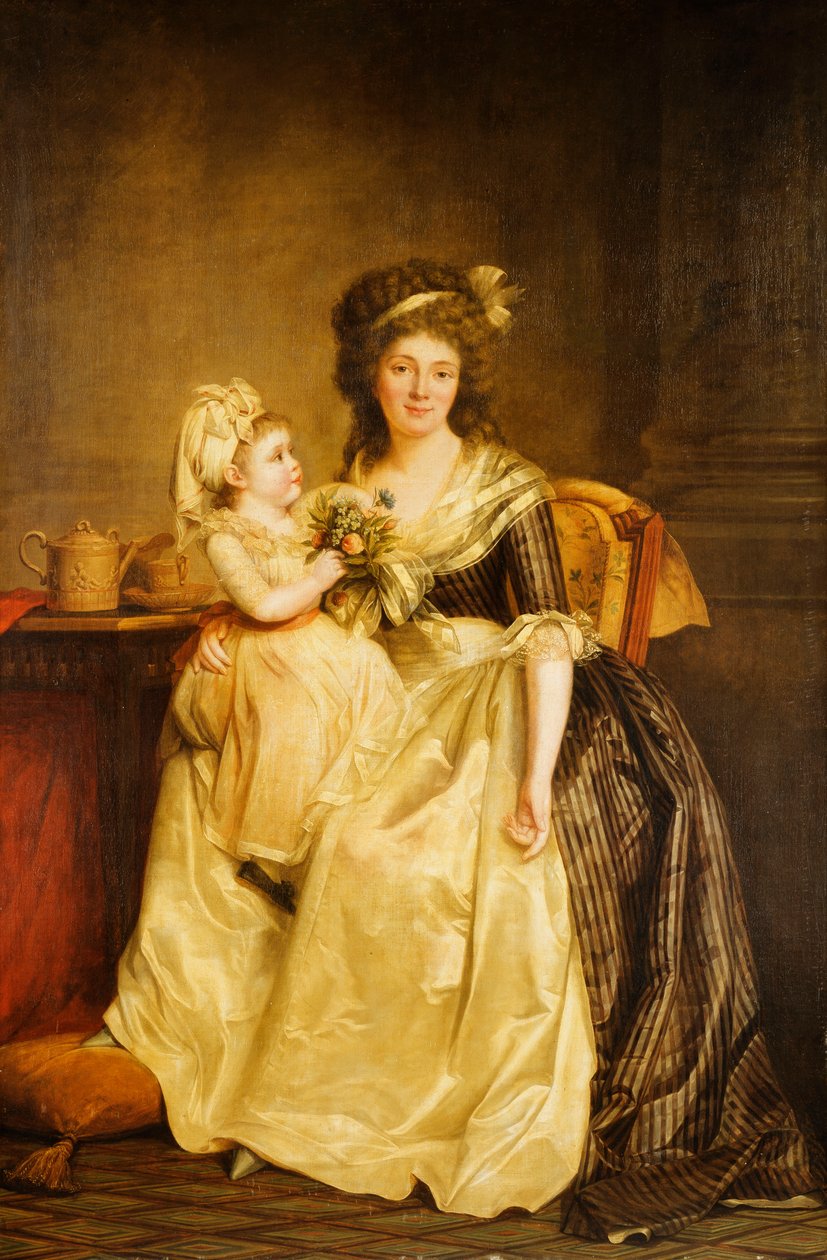 Porträtt av en dam, sittande i full längd vid ett bord, med sin dotter, som håller en pose med blommor av Rose Adelaide Ducreux