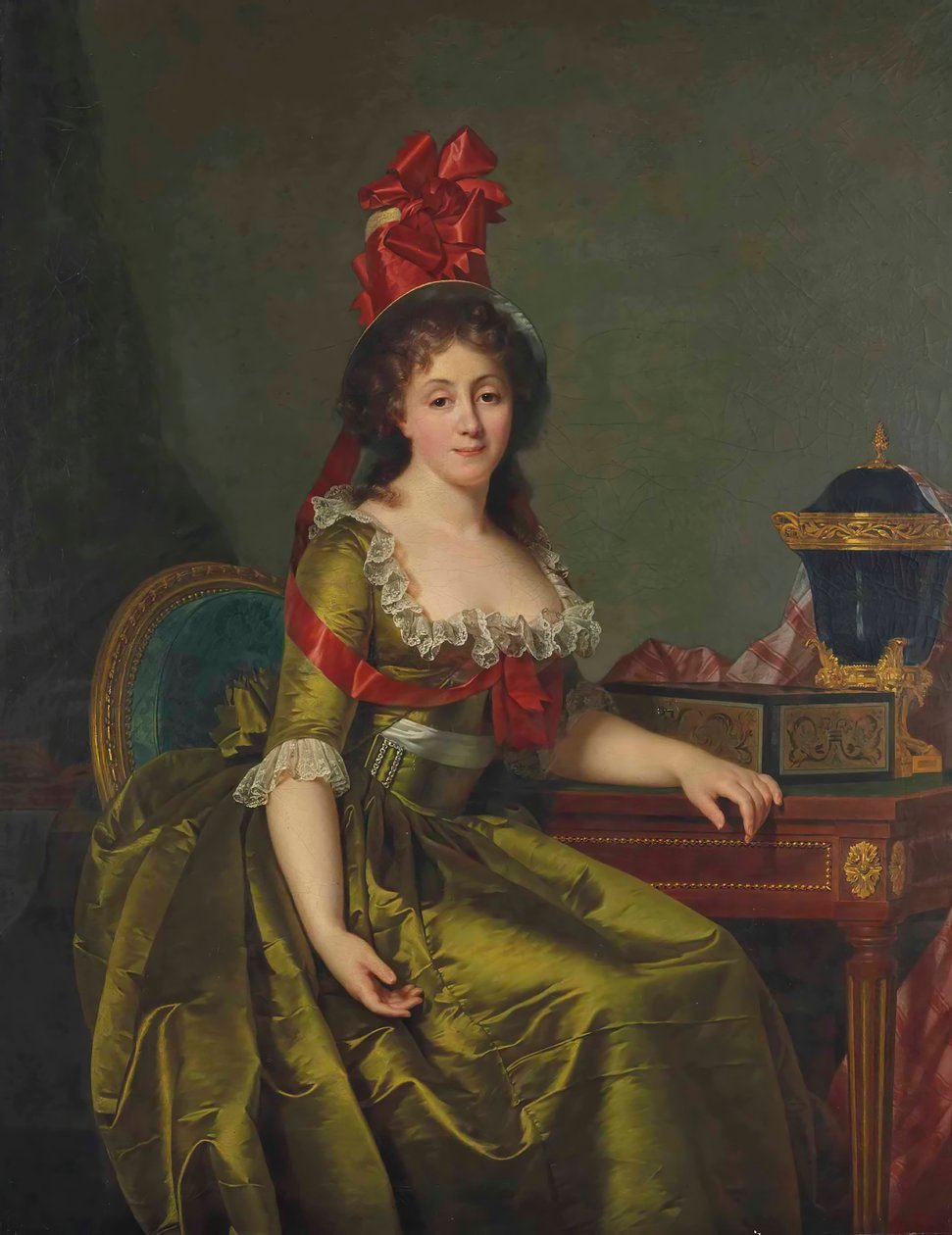 Porträtt av en dam, i en grön satinklänning och en huva med röda band. av Rose Adelaide Ducreux