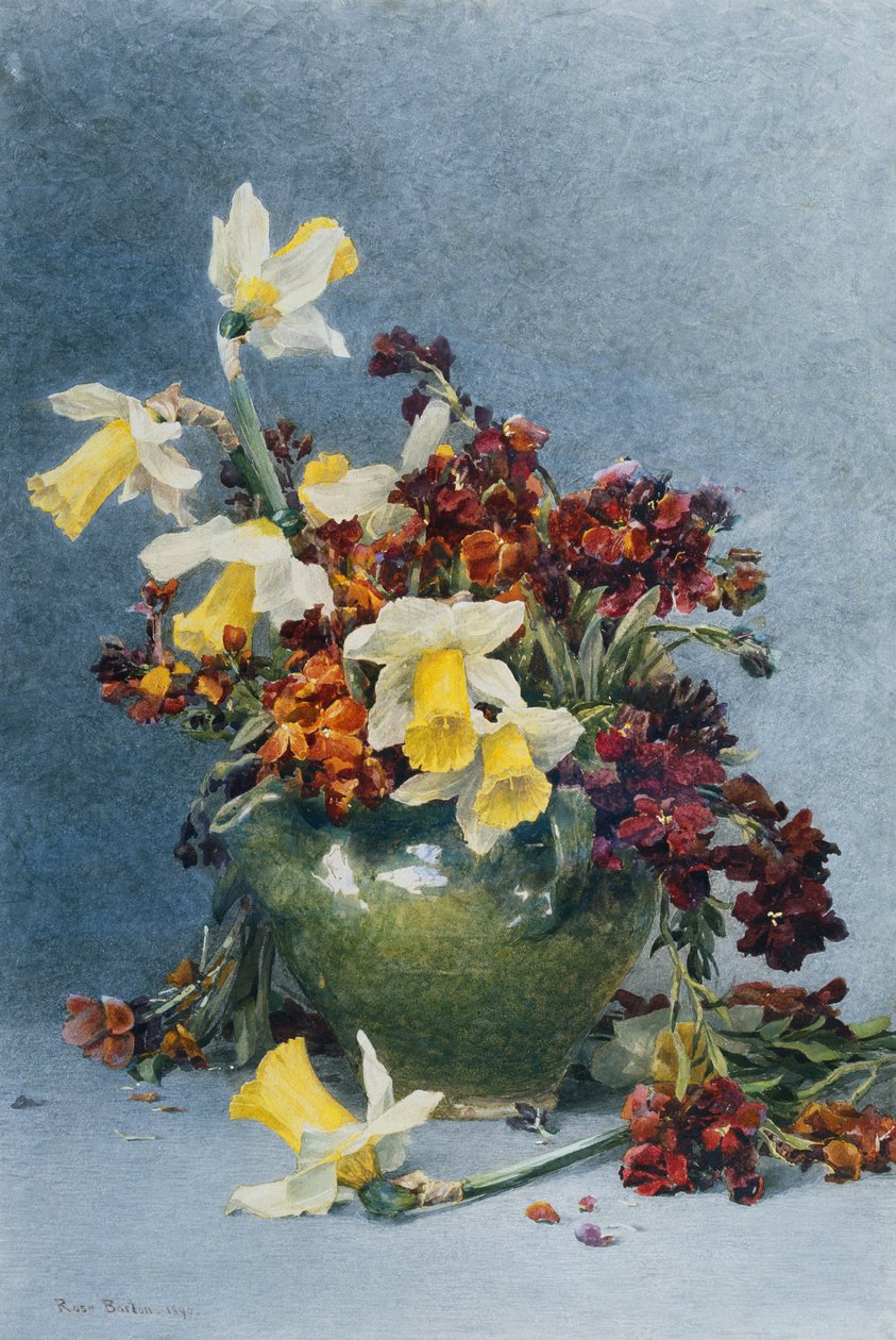Påskliljor och väggblommor i en grön vas, 1890 av Rose Maynard Barton