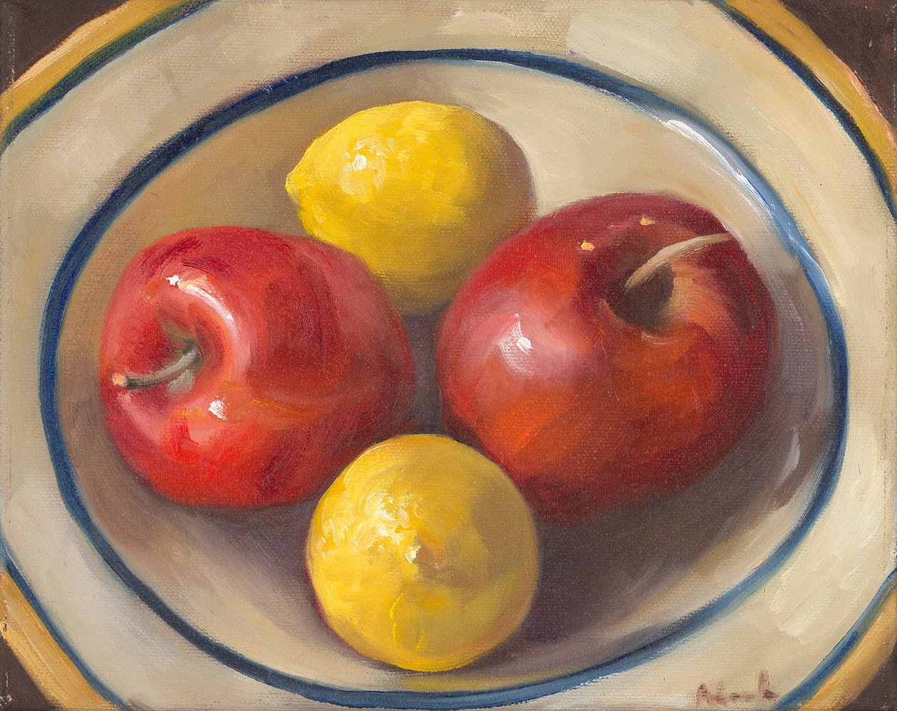 Apples and Lemons, 2016 (olja på duk) av Rosemarie Adcock