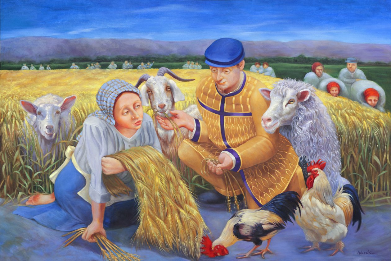 Ruth och kornskörden, 2014 (olja på duk) av Rosemarie Adcock