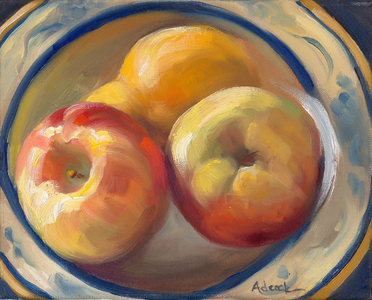 Yellow Pear and Apples, 2017 (olja på duk) av Rosemarie Adcock