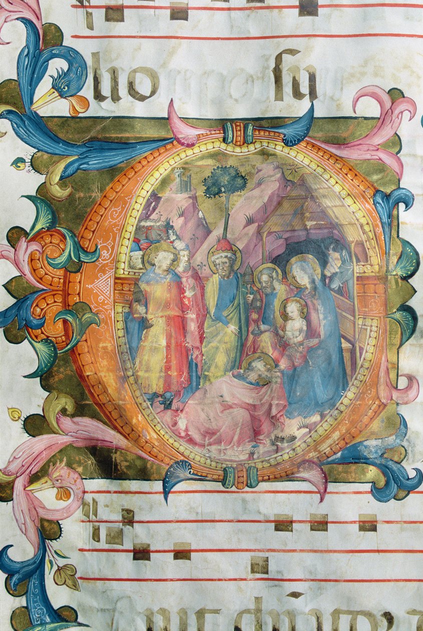 Corale / Graduale no.5 Historikert initial "O" som visar tillbedjan av männen av Rossello Franchi