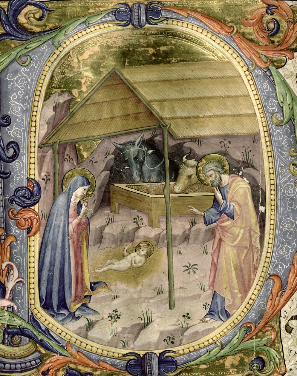 Corale / Graduale nr.5 Historikerad initial "P" som visar födelsekyrkan av Rossello Franchi