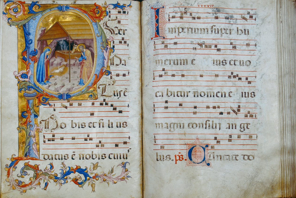 Körboken "D", som visas i katedralen i Santo Stefano: en historisk initial som skildrar födseln, ca 1429-35 av Rossello di Jacopo Franchi