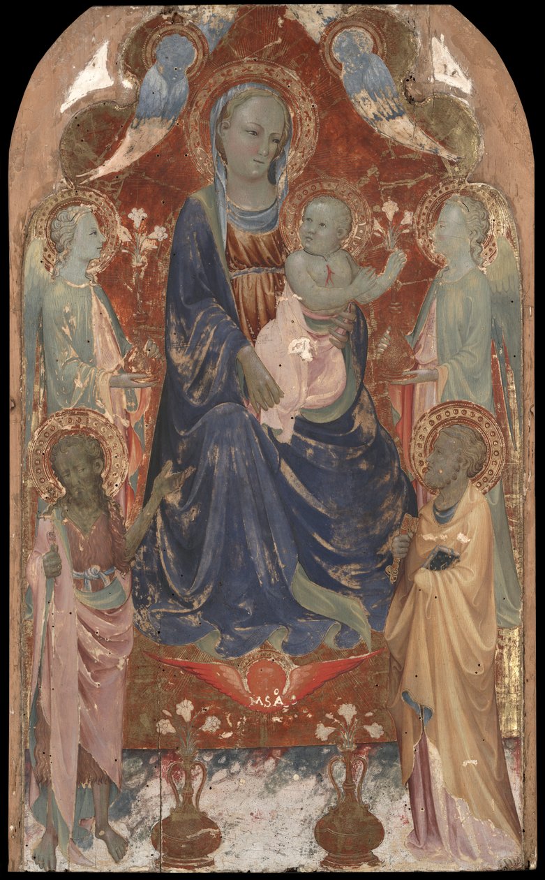 Jungfru och barn med Johannes Döparen, Sankt Peter och två änglar. av Rossello di Jacopo Franchi