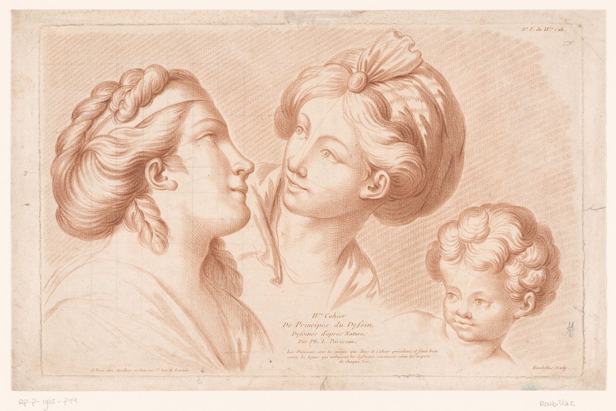 Titeltryck med två kvinnliga huvuden och ett barnhuvud IVe Cahier de Principes du Dessin d
