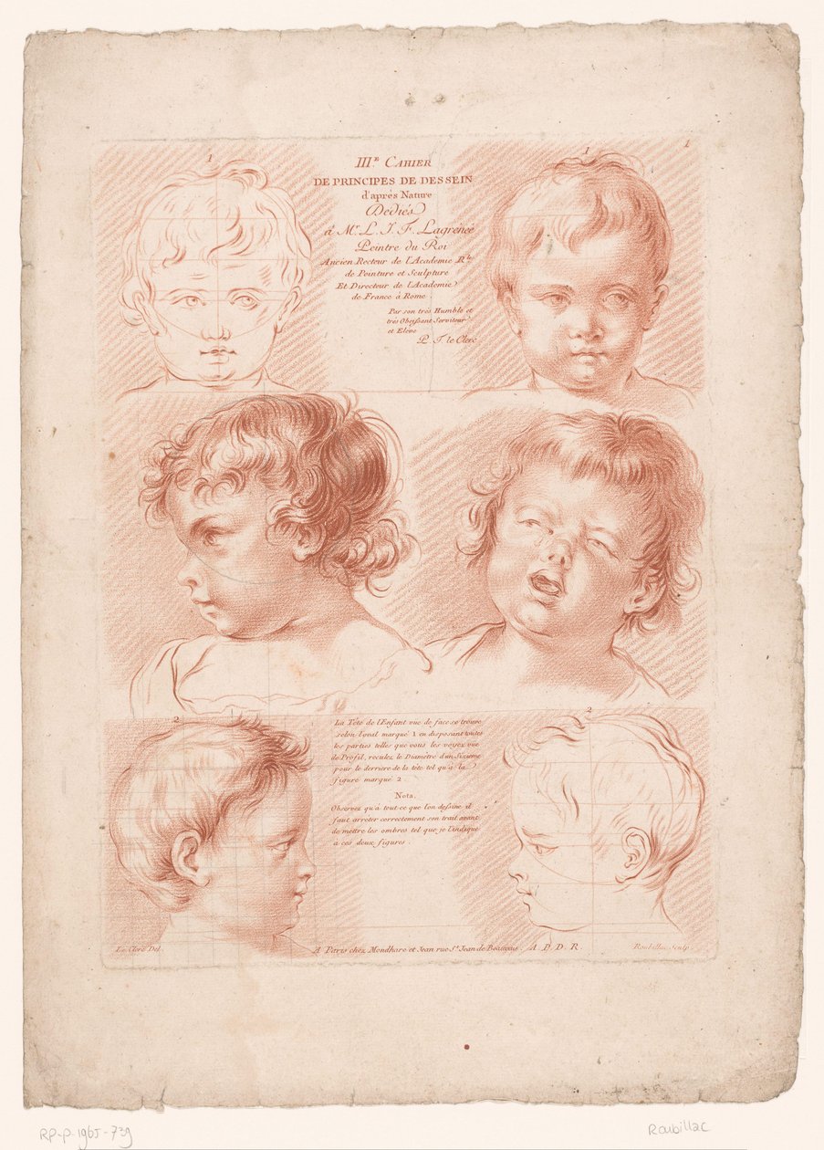 Titeltryck med sex barnhuvuden, varav två i schematisk framställning Principles of Drawing from Nature, del tre (serietitel) IIIe Cahier de Principes du Dessin d