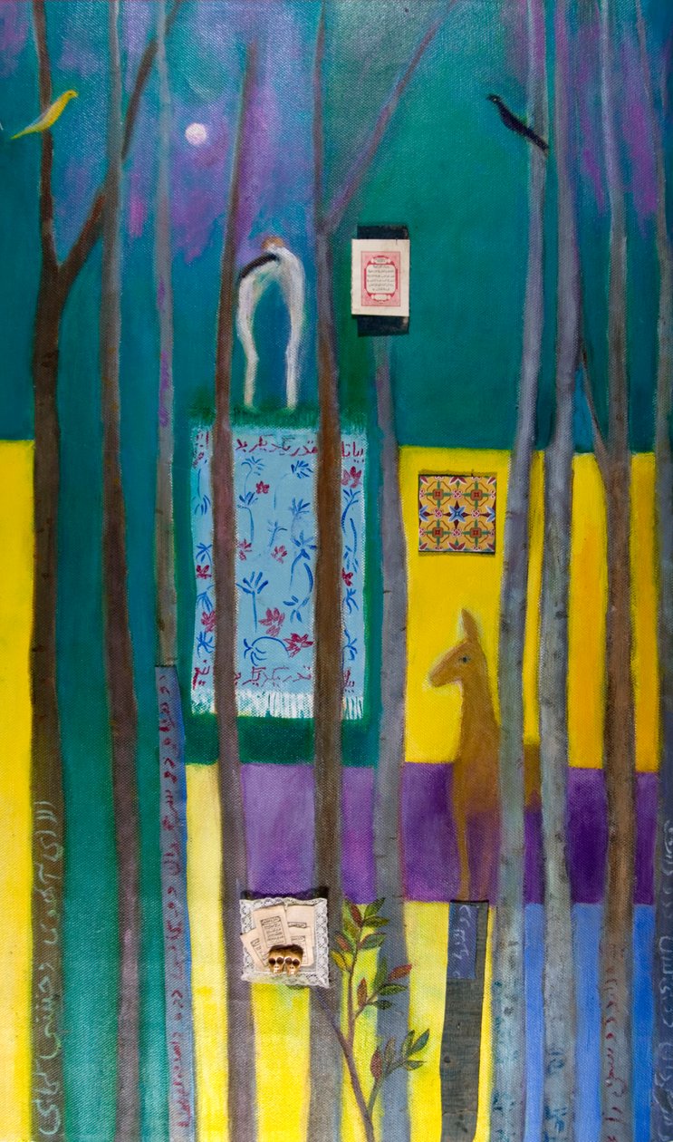Adams och Evas fall, 2011 (olja och collage på duk) av Roya Salari
