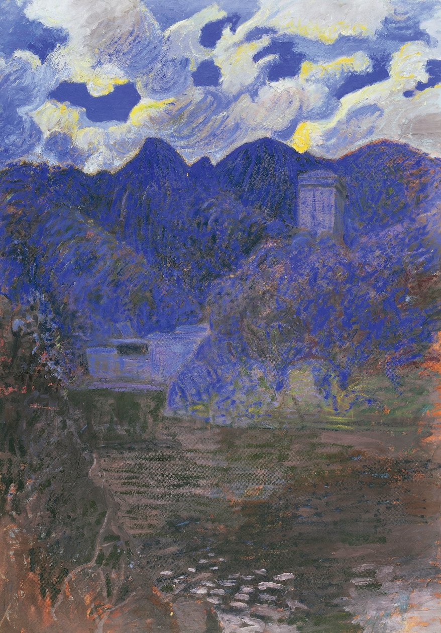Vårens gryning i San Fruttuoso, av Rubaldo Merello (1872-1922), olja på duk, 98x69 cm. Italien, 1900-talet. av Rubaldo Merello