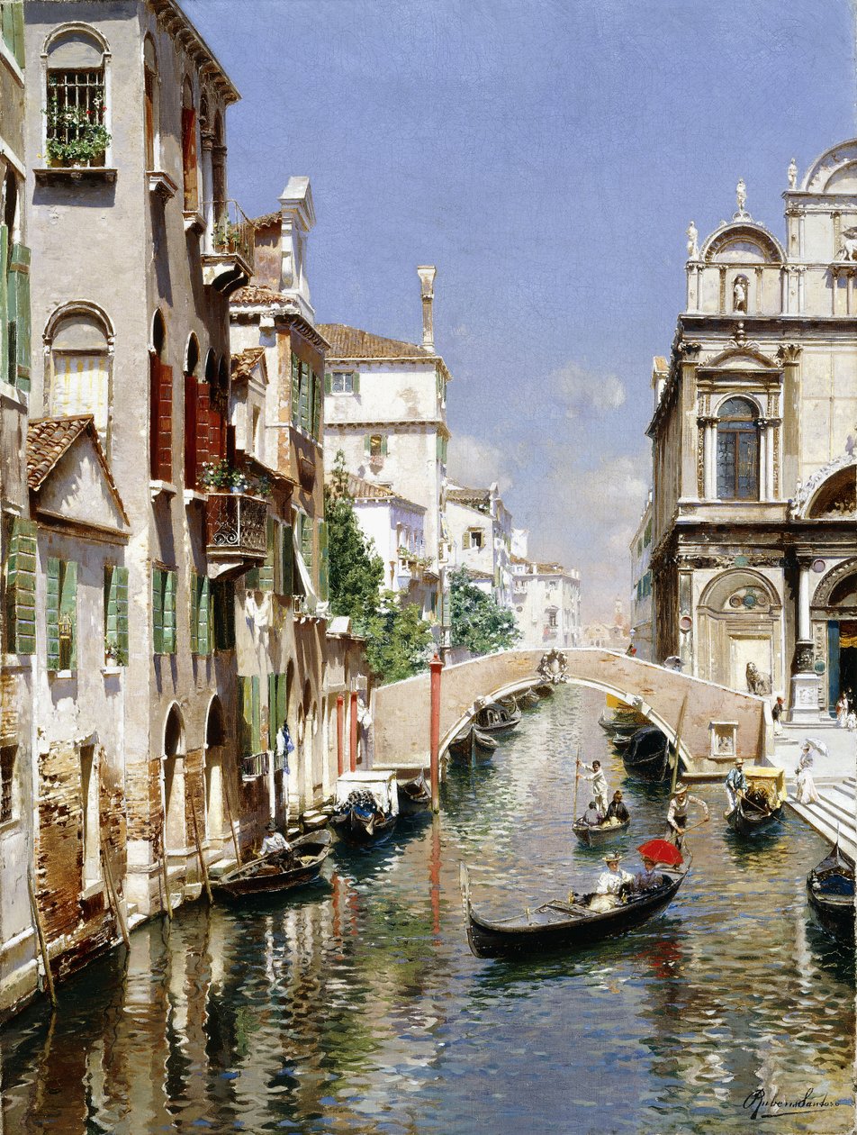 En venetiansk kanal med Scuola Grande di San Marco och Campo San Giovanni e Paolo, Venedig av Rubens Santoro
