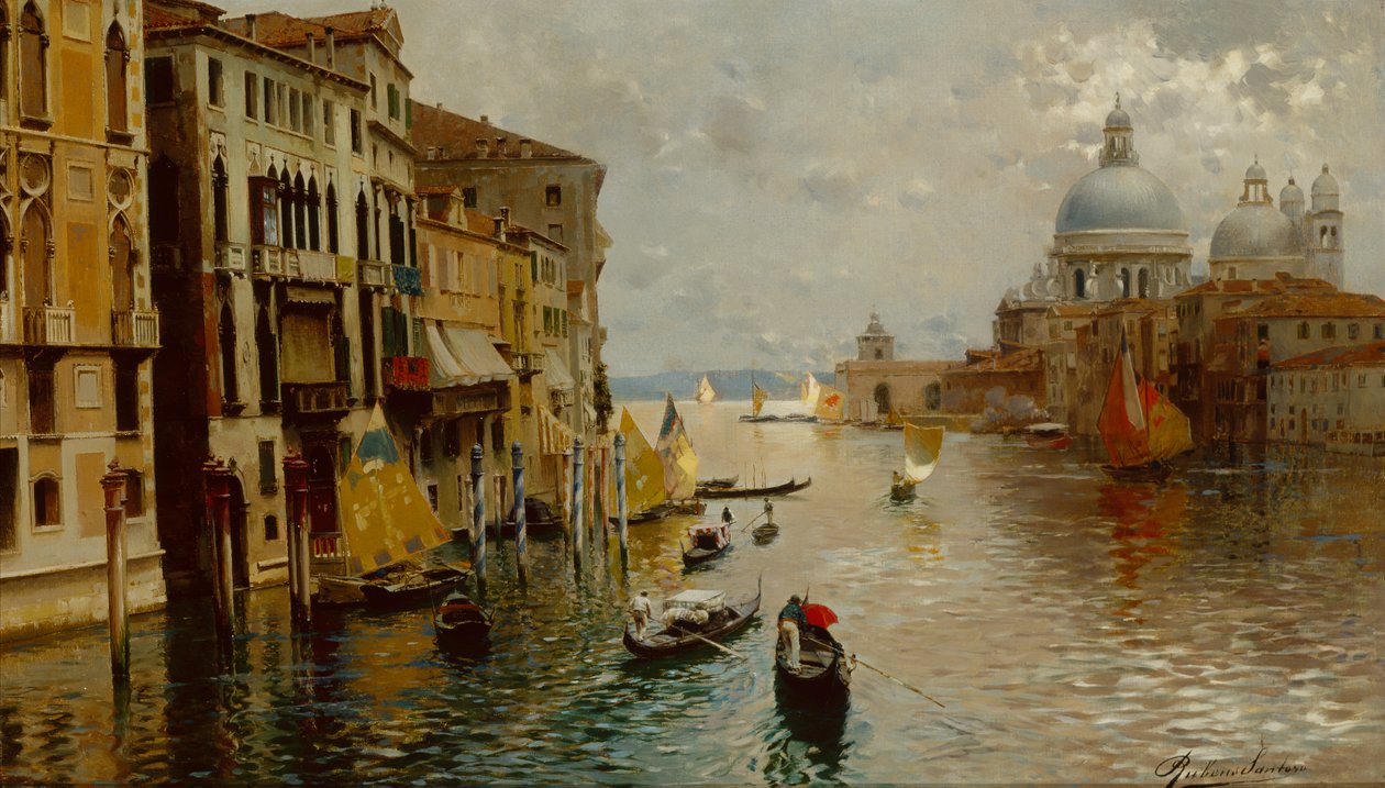 Gondoler på Canal Grande, Dogana och Santa Maria della Salute, Venedig (olja på duk) av Rubens Santoro