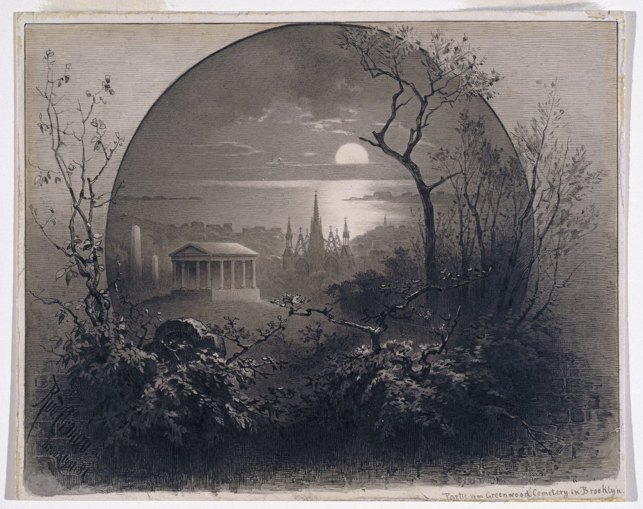 Utsikt från Greenwood Cemetery, Brooklyn, 1881 (grisaille bläck och tvätt på papper) av Rudolf Cronau