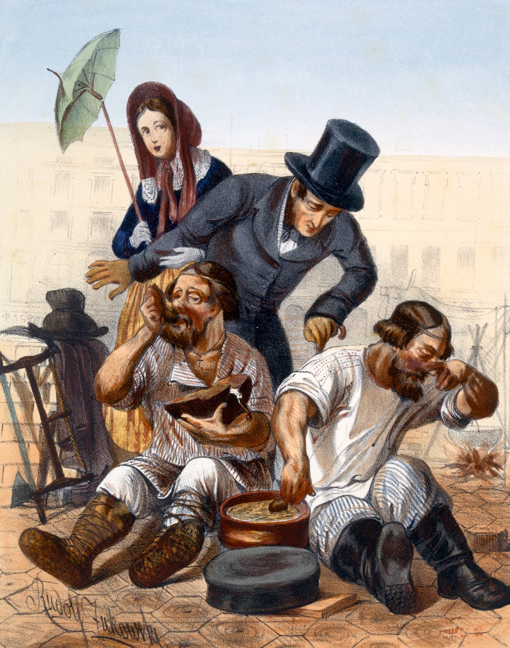 Rika par pratar med ett par berusade snickare som lagar mat och äter på gatan, 1843 av Rudolf Jukowsky