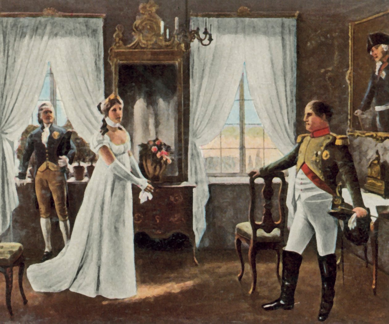 Drottning Louises möte med Napoleon I i Tilsit, 6 juli 1807 (förstärkt färglitografi) av Rudolf Eichstaedt