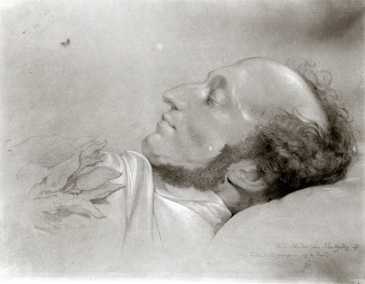 Felix Mendelssohn (1809-47) på sin dödsbädd, ca 1847 av Rudolf Julius Benno Huebner