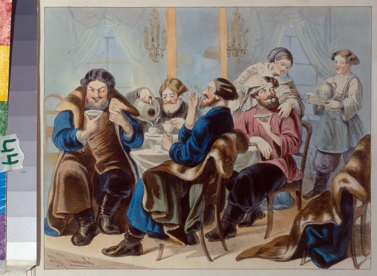 Te och socker. Tedrickande i en krog par Zhukovsky, Rudolf Kasimirovitj (1814-1886), Första kvartalet av 1800-talet. - Litografi, akvarell - Statens historiska museum, Moskva av Rudolf Kasimirovich Zhukovsky