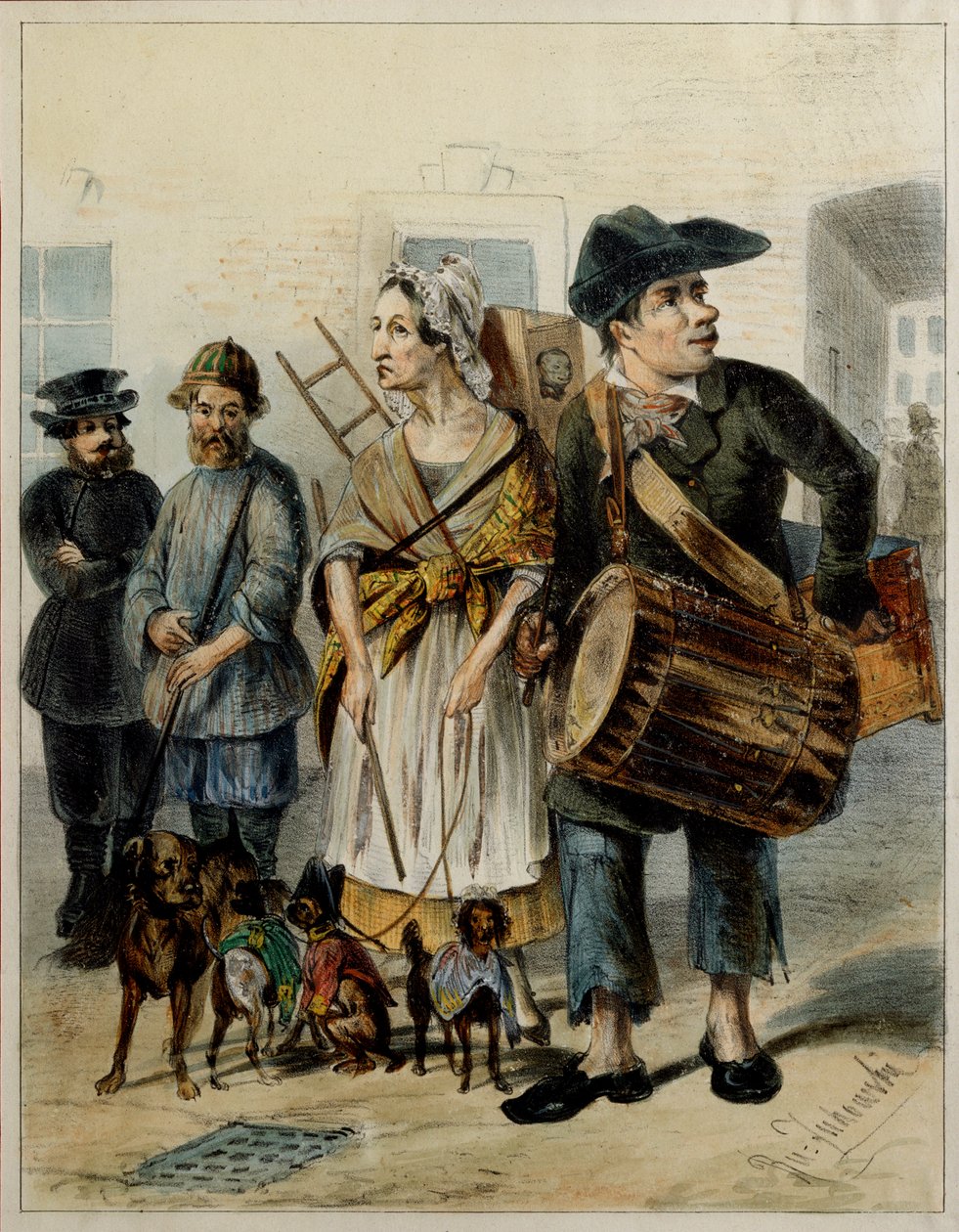 A Servant Takes The Dogs Out - Konstverk av Rudolf Kasimirovich Zhukovsky (1814-1886), akvarell och tusch på papper av Rudolf Kasimirovich Zhukovsky