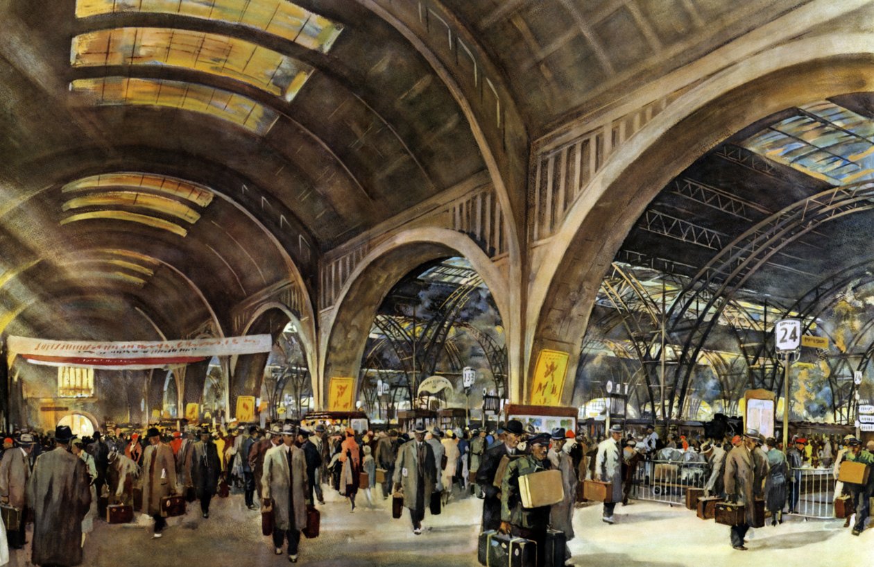 Tyska järnvägen - Leipzigs centralstation under mässan (akvarell) av Rudolf Lipus